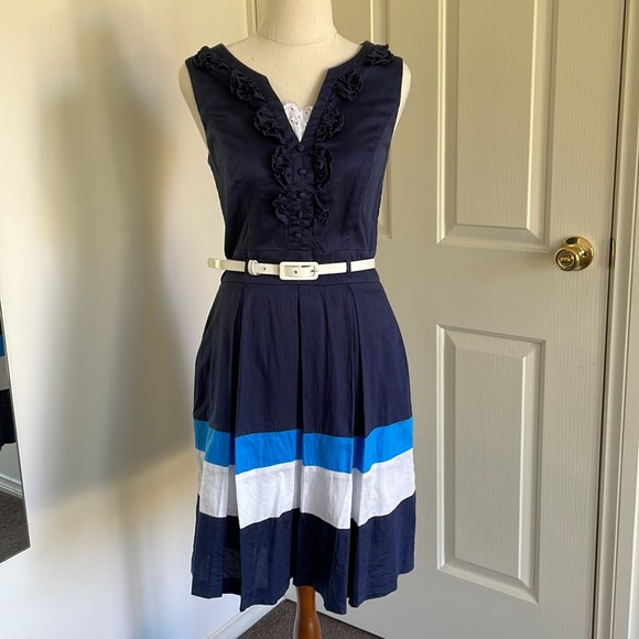 Review Dresses & Skirts - 🌷2 for $20🌷 REVIEW navy striped day dress with white belt